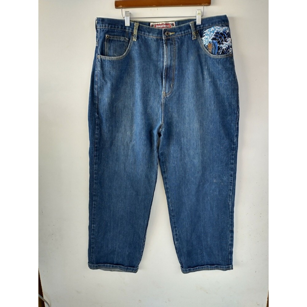 Stone Touch Mens Size 40 Blue Jeans Embroidered Asian Design Medium Wash